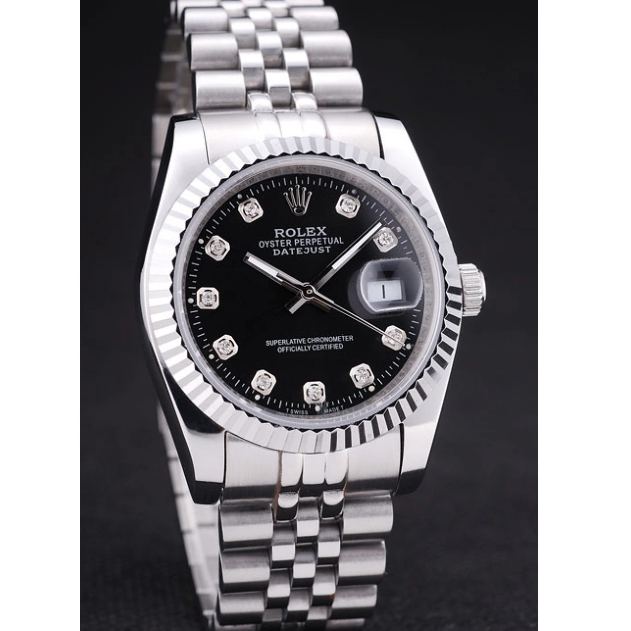 Aaa replica watch Bezel Rolex Dial Datejust Diamonds Black Ribbed 7458 0816